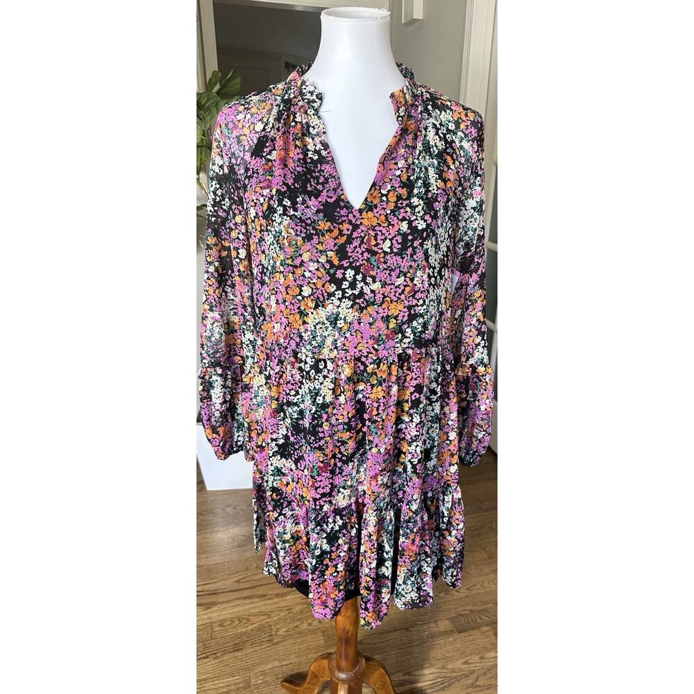 Vince Camuto V-neck Floral Tiered Ruffle Chiffon Mini Dress Women's Medium New